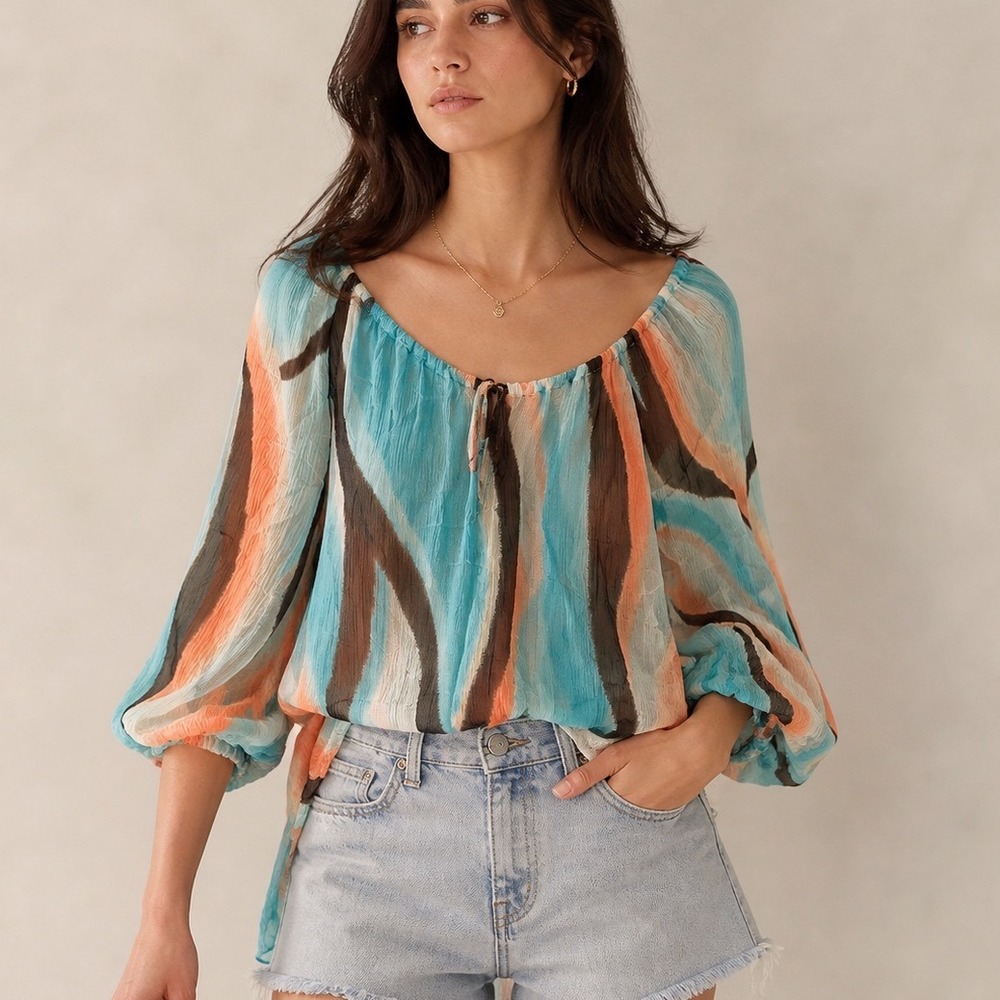 Anne‎ Klein 100% Silk Abstract Swirl Peasant Blouse Y2K Fairy Bohemian Large